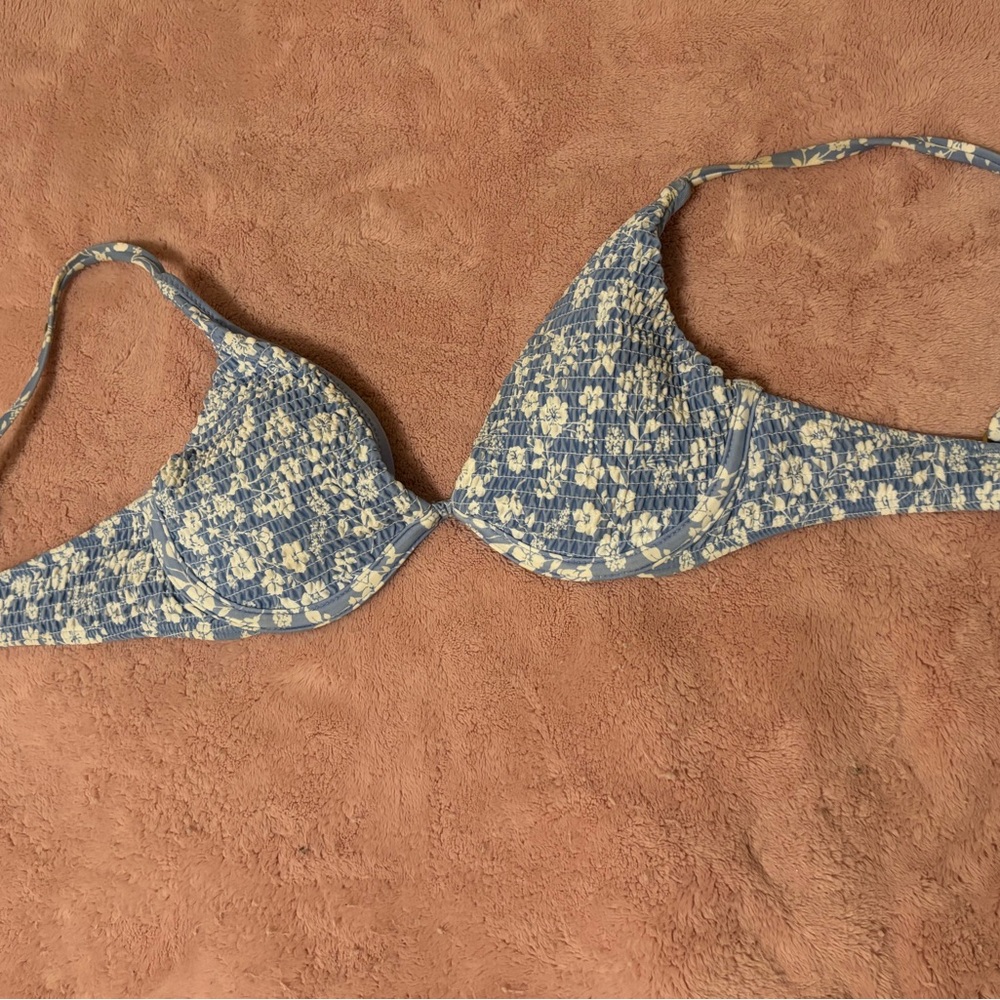 Hollister Light Blue Floral-Trim Bikini Top